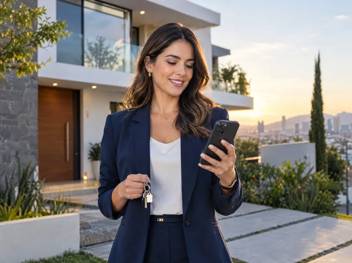 Asesora inmobiliaria con llaves y celular frente a una casa