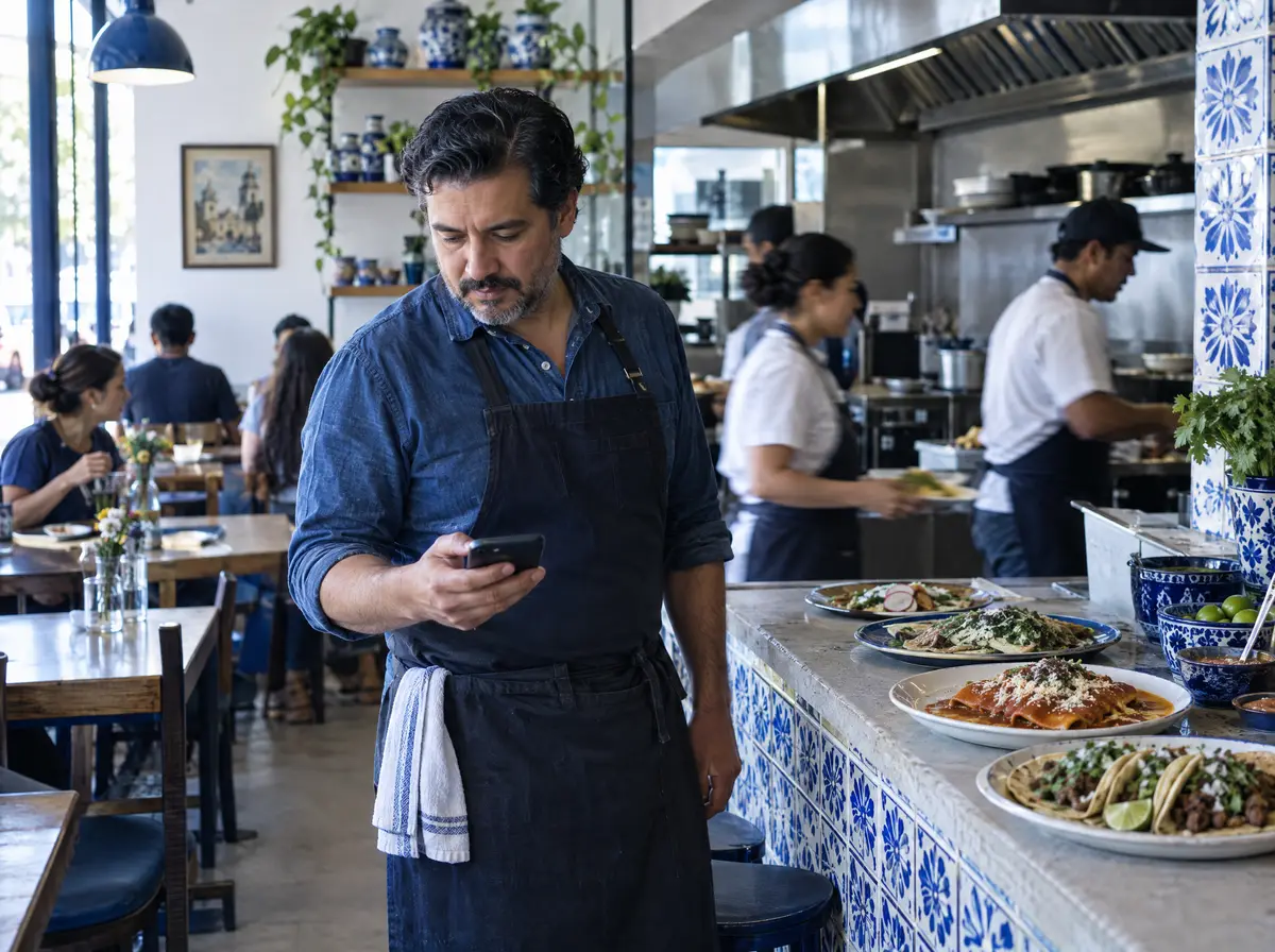 Dueño de un restaurante mirando su celular durante la hora de la comida